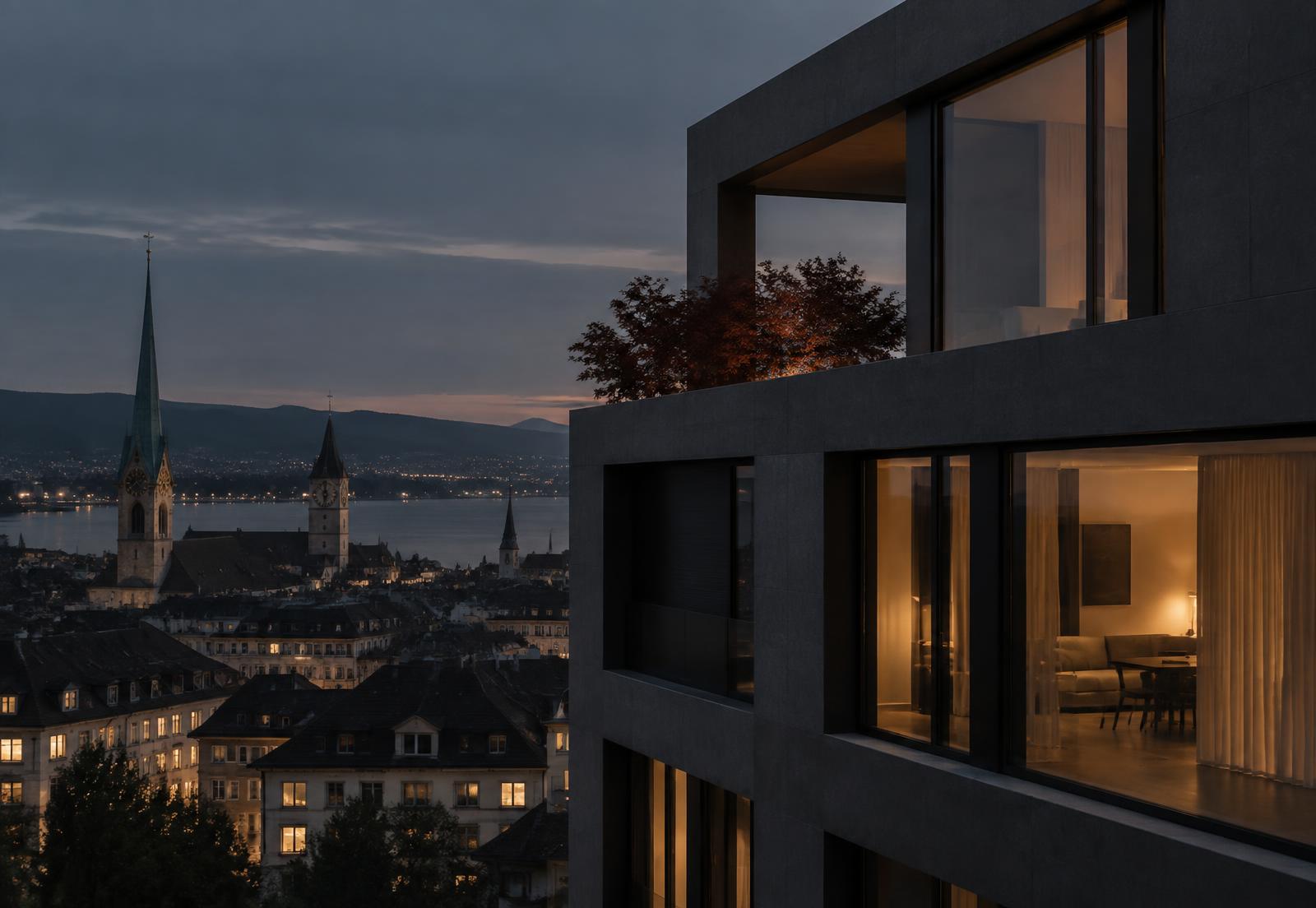 Modern Zürich architecture overlooking the city at blue hour